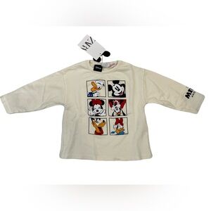 Zara Kids Cream Long Sleeve Tee with Cartoon Panels and Mickey Characters